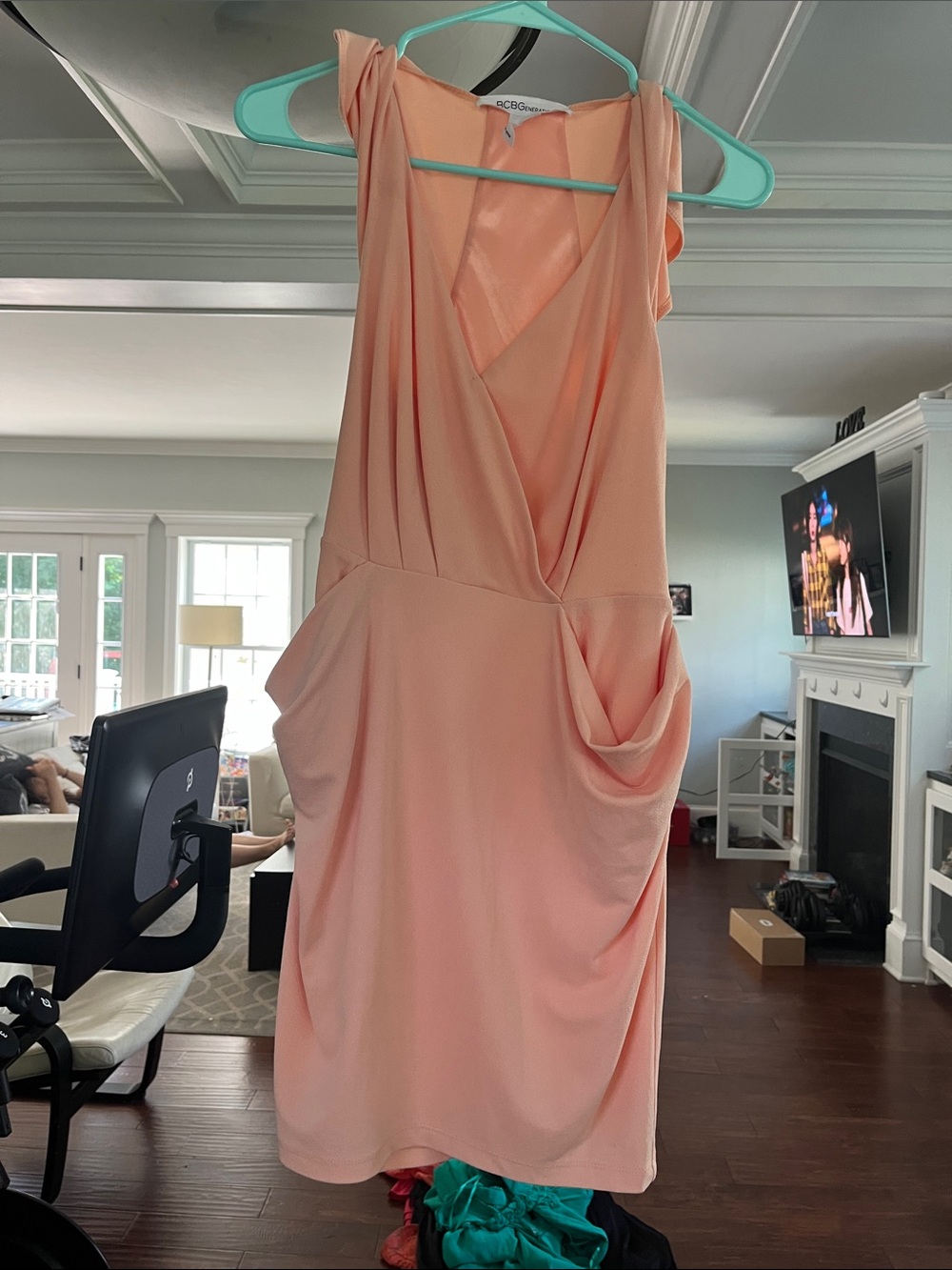 BCBGeneration Peach Draped V-Neck Midi Dress